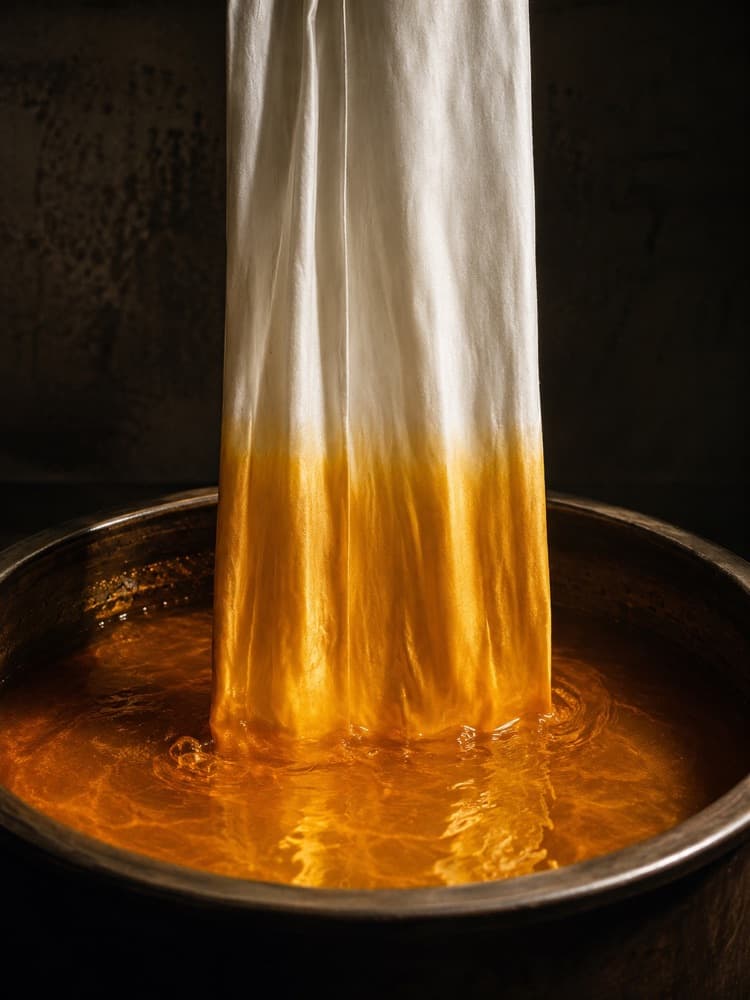 Silk fabric half-submerged in a vat of marigold-gold dye, forming a crisp ombré gradient
